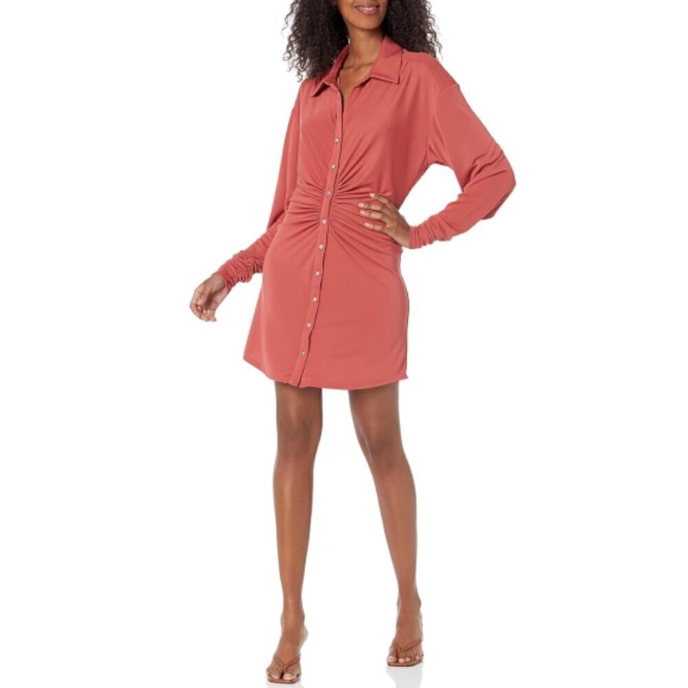 Cinq Sept 'Arden' Ruched Stretch-Jersey Mini Shirt Dress, Sumac